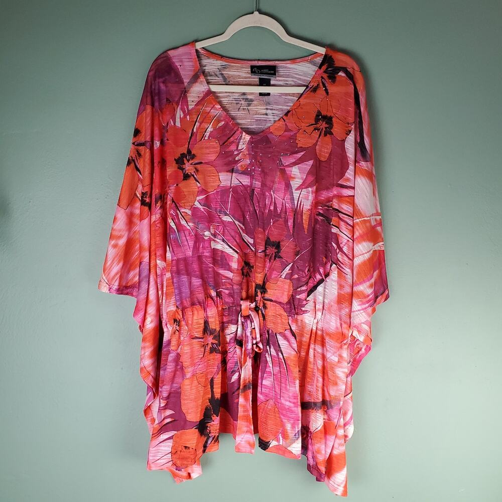 Catherines Added Dimensions Womens Orange Pink Floral Embellished Poncho Size 3X